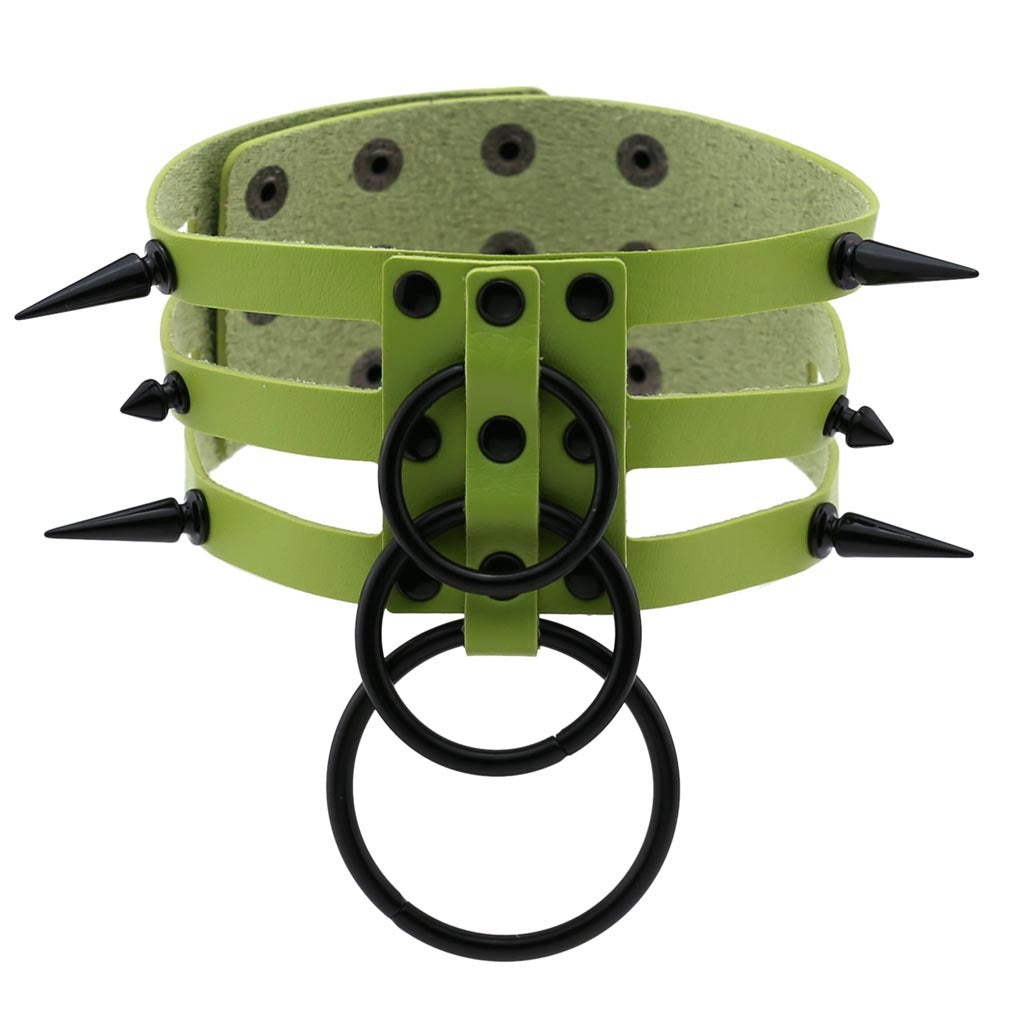 Rivet leather spiked choker in vibrant green with metal rings, perfect for punk and alternative fashion.