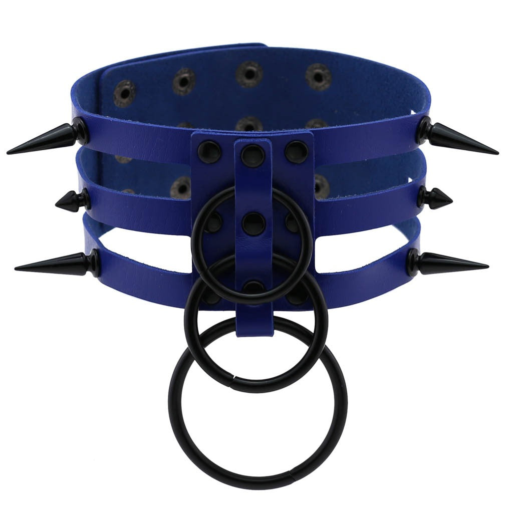 Rivet leather spiked choker in blue with metal rings, perfect for punk rock outfits and alternative fashion.
