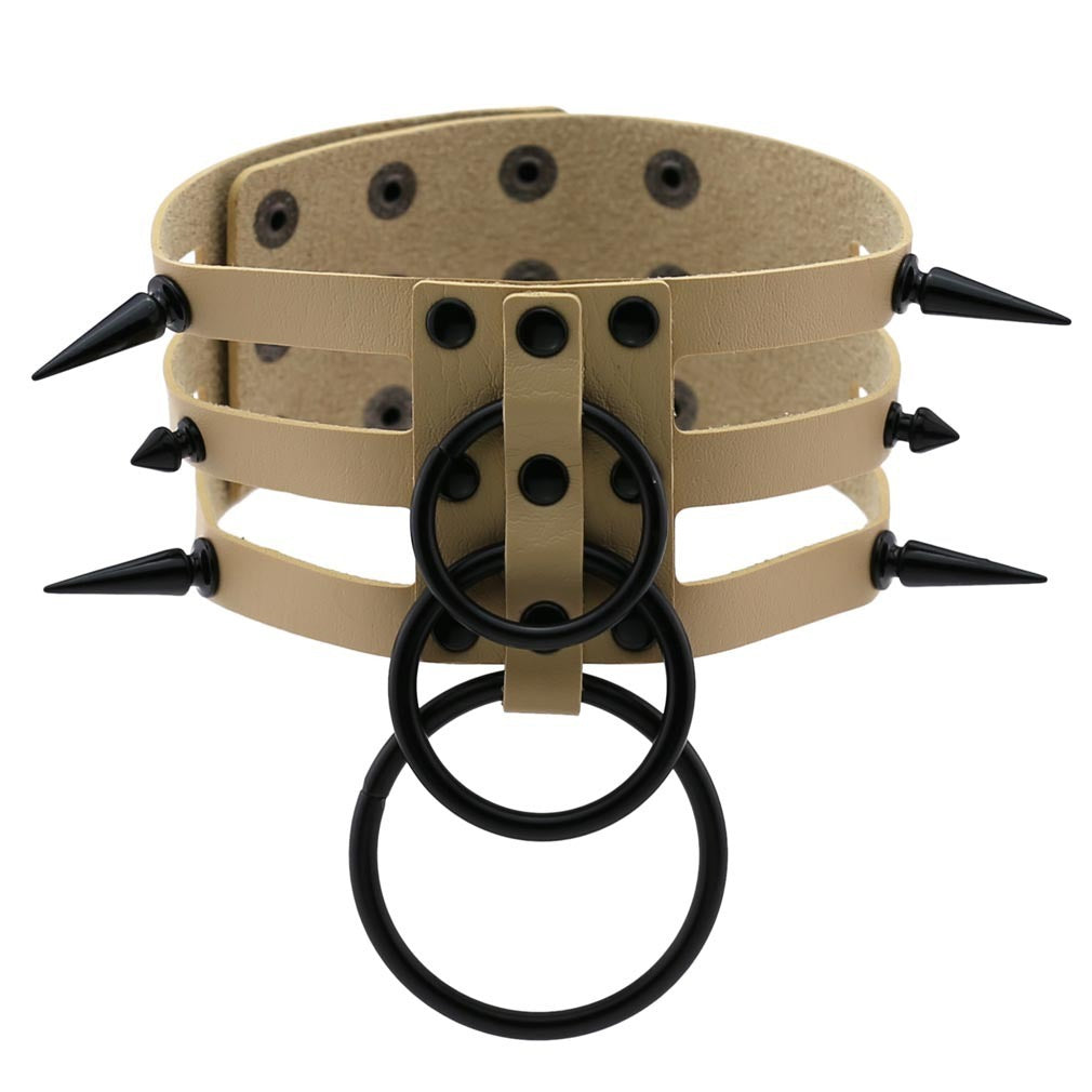 Rivet leather spiked choker with metal rings, perfect for punk and alternative fashion, adjustable and stylish accessory.