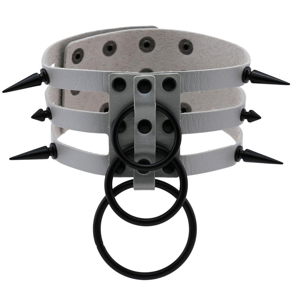 Rivet leather spiked choker with metal rings, perfect for punk fashion and rock concert outfits. Adjustable design.