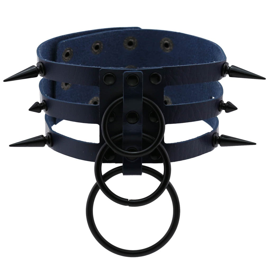 Rivet leather spiked choker with metal rings, perfect for punk style and alternative fashion outfits.