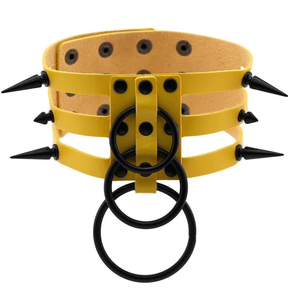 Yellow Rivet Leather Spiked Choker with Metal Rings - Bold Alternative Fashion for Rock Concerts and Parties.