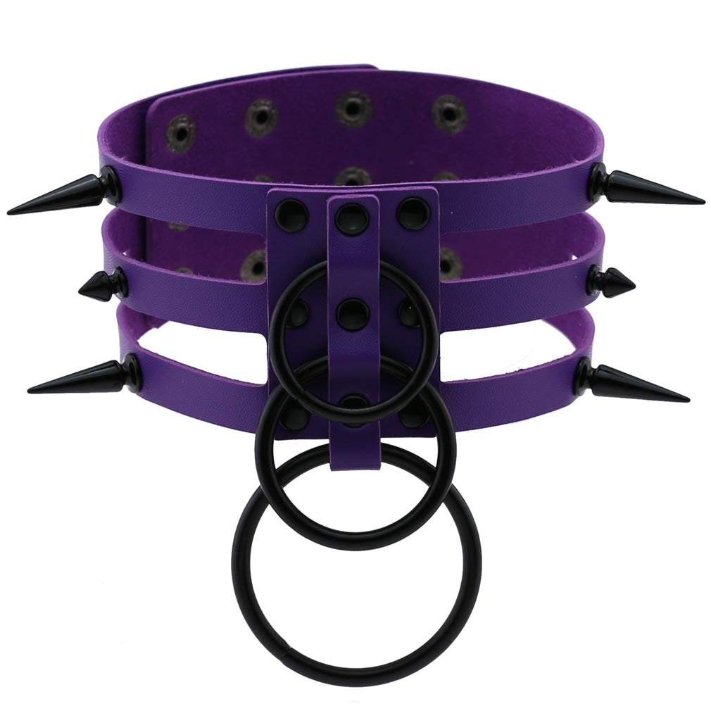Rivet leather spiked choker in purple with metal rings, perfect for punk fashion and rock concerts.