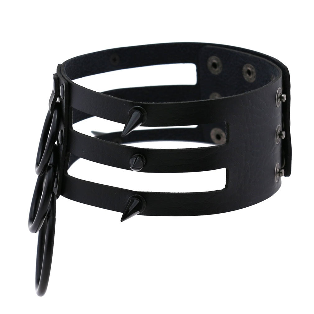 Rivet leather spiked choker with metal rings, perfect for punk fashion and rock concerts, unisex design, adjustable length.