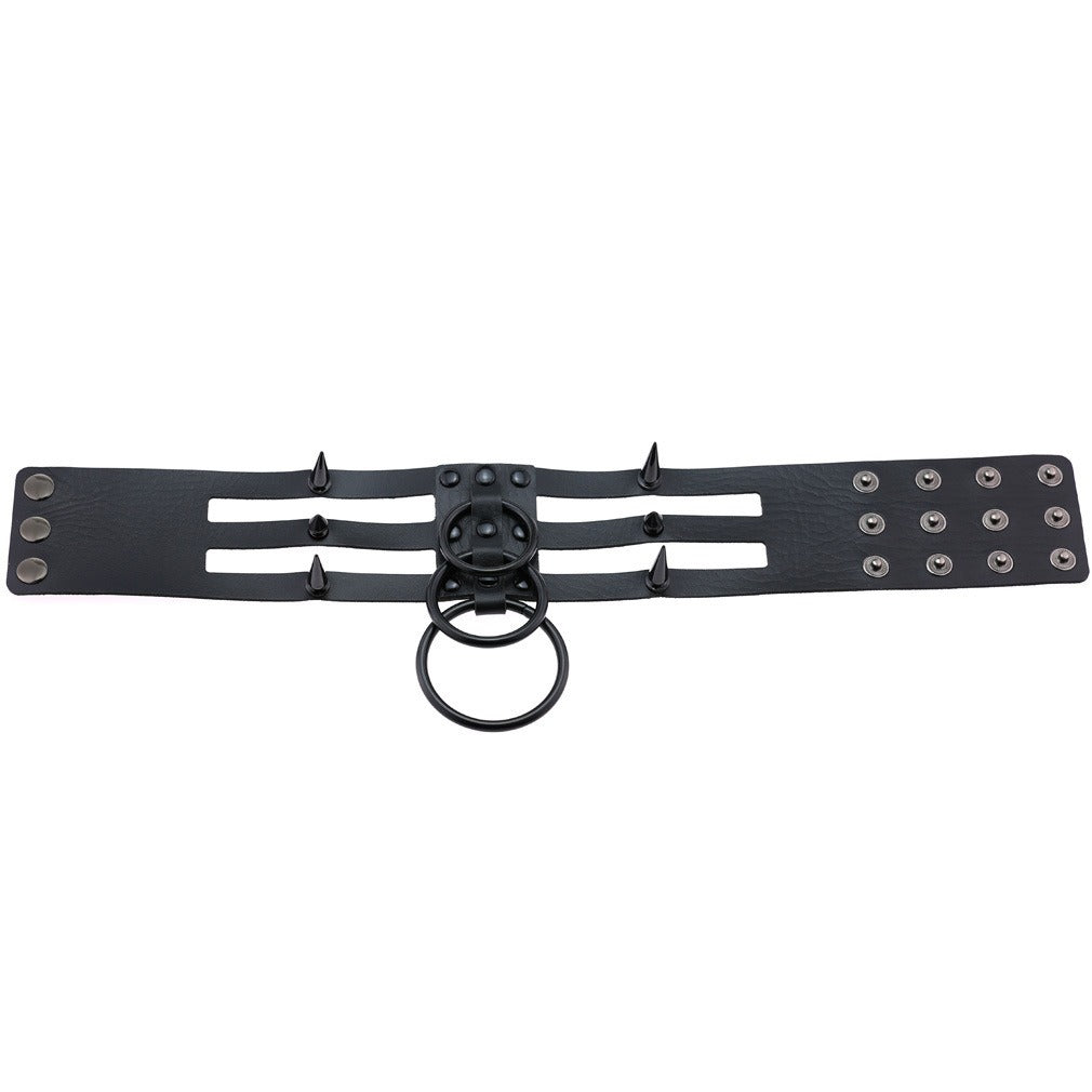 Black leather spiked choker with metal rings and adjustable design, perfect for punk and bondage fashion.