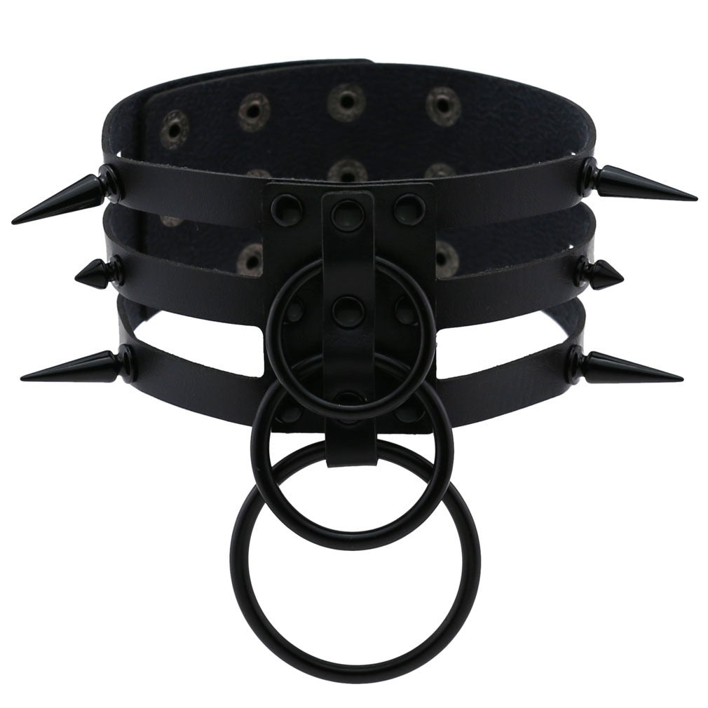 Rivet Leather Spiked Choker with metal rings, perfect for alternative fashion and punk rock outfits.
