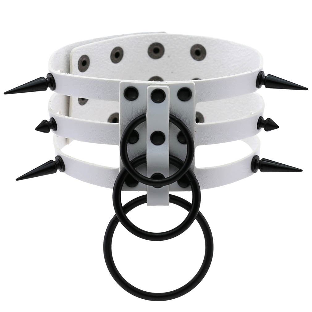 Rivet leather spiked choker with metal rings, perfect for punk rock outfits or BDSM style, adjustable and stylish.