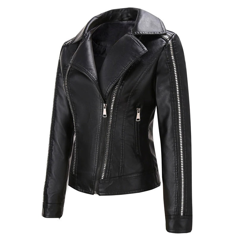 Rivet Zipper Short Faux Leather Motorcycle Jackets for Ladies / Female Turn-Down Collar Jacket - HARD'N'HEAVY