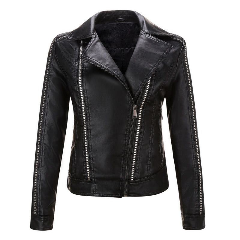 Rivet Zipper Short Faux Leather Motorcycle Jackets for Ladies / Female Turn-Down Collar Jacket - HARD'N'HEAVY