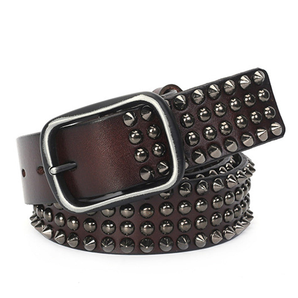 Riveted brown cowskin leather pin belt for men and women with metal studs, perfect for a rock style wardrobe.