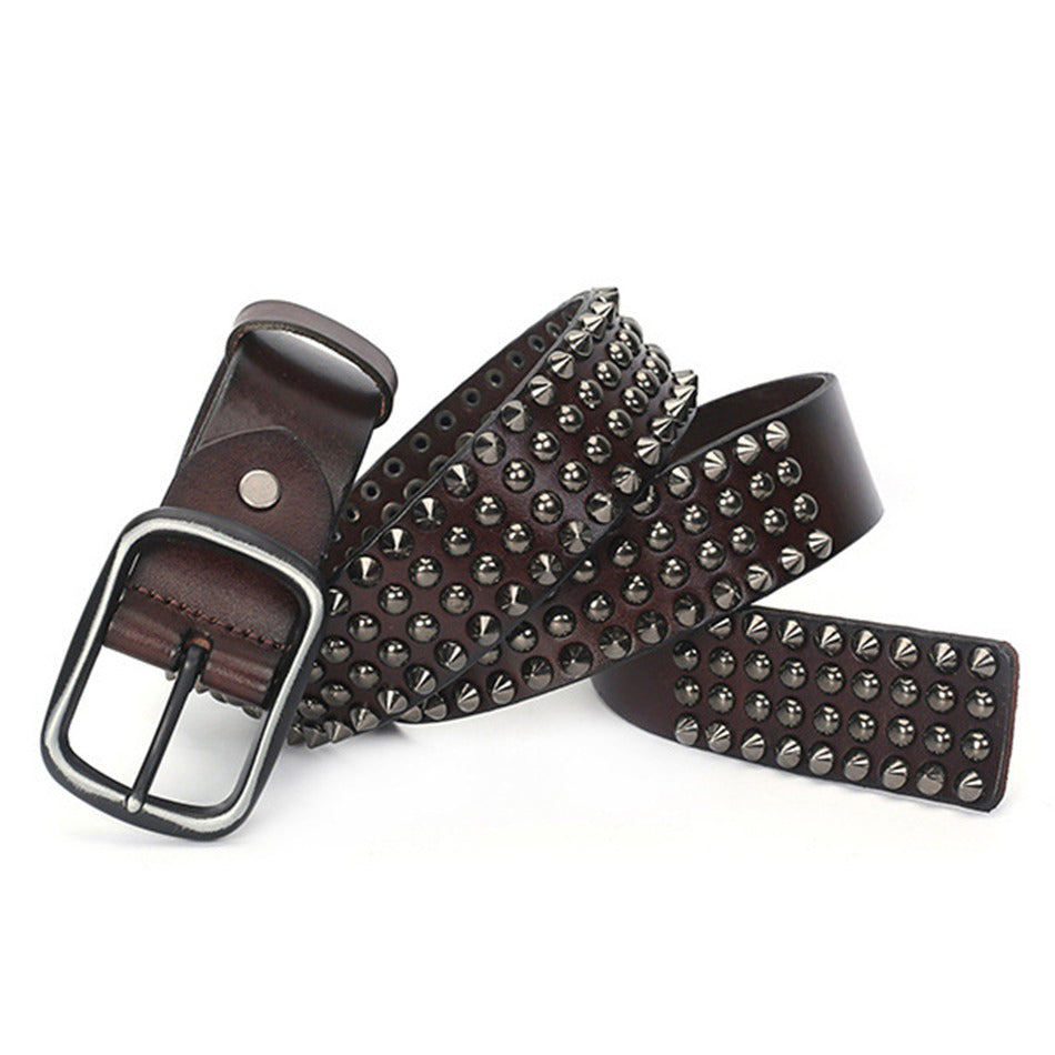 Brown riveted real leather pin belt with metal studs for unisex rock style fashion.
