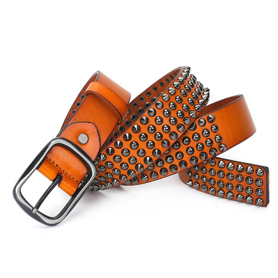 Riveted orange leather pin belt for men and women, featuring metal studs for a rock-style look.
