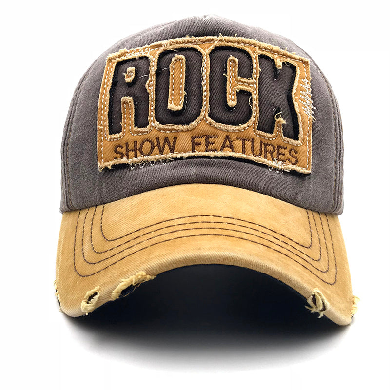 Trendy unisex cotton baseball cap featuring distressed ROCK embroidery and adjustable strap, perfect for rock and metal fashion lovers.