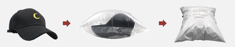 Rock and metal baseball cap shown in three stages: unwrapped, vacuum sealed, and packed in a bag.