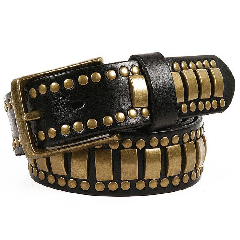 Rock Belts decorative riveted geometry pattern belt in black and gold for men and women, perfect for alternative fashion.