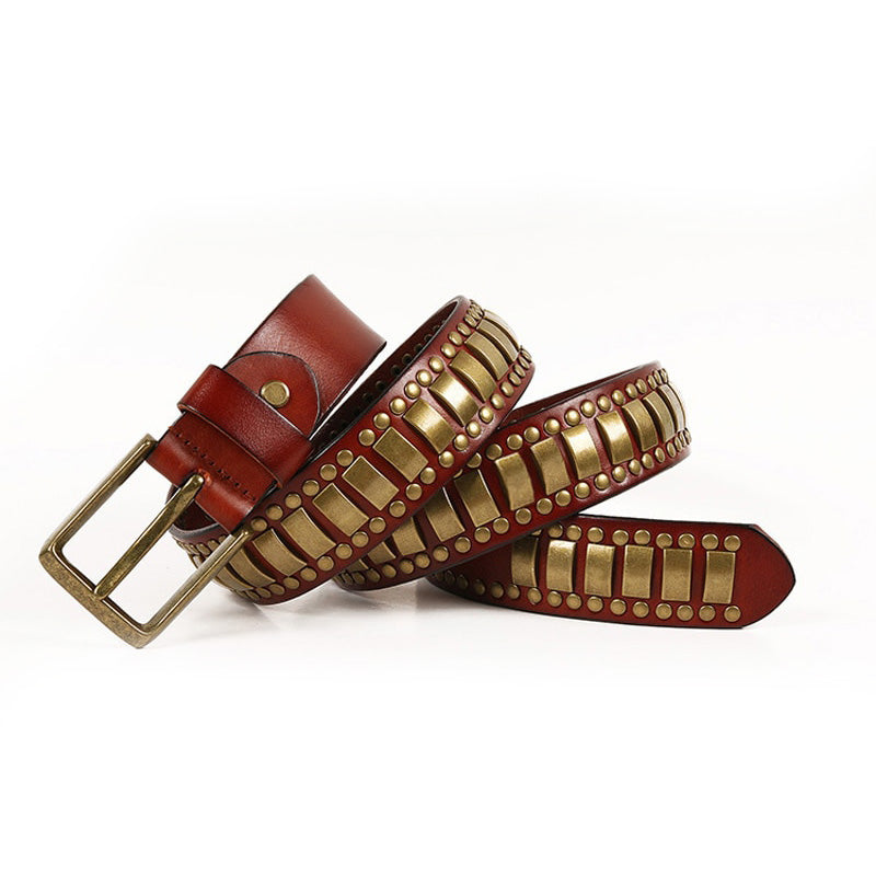 Rock Belts Geometry Pattern for Men and Women with riveted decorative design in rich brown leather.