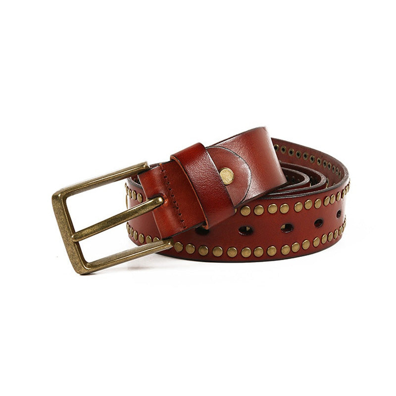 Rock Belts Geometry Pattern for Men and Women, riveted decorative leather belt in rich brown color.