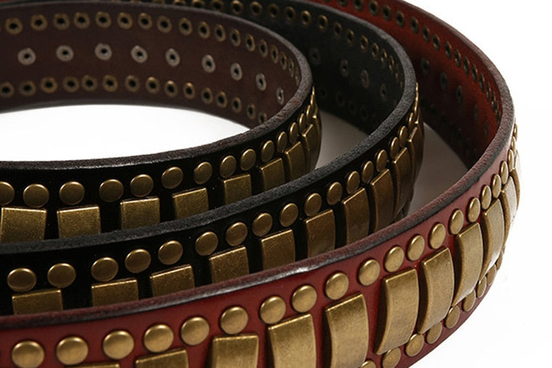 Rock Belts with riveted geometric patterns in red and black, perfect for men and women fashion.
