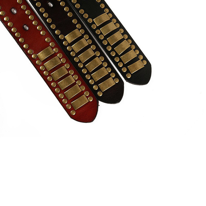 Rock Belts in red, black, and brown with riveted geometric designs for men and women, perfect for alternative fashion.