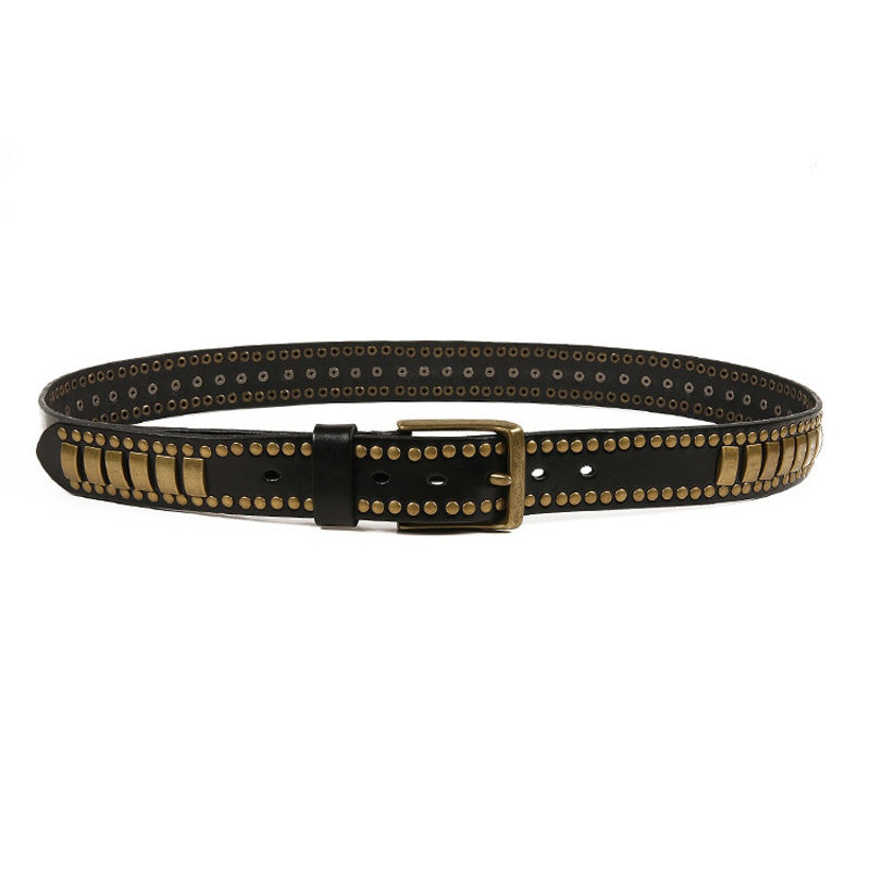 Rock Belts Geometry Pattern for Men and Women with rivets on black leather, perfect for alternative fashion outfits.