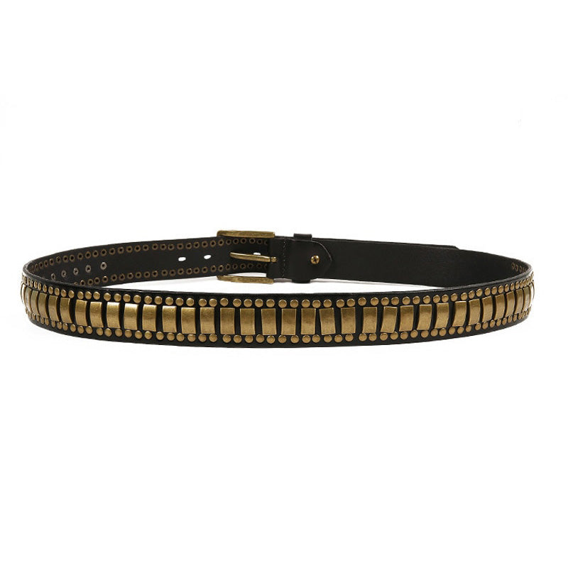 Rock Belts Geometry Pattern with rivets for stylish outfits, suitable for men and women, made from genuine cowskin.