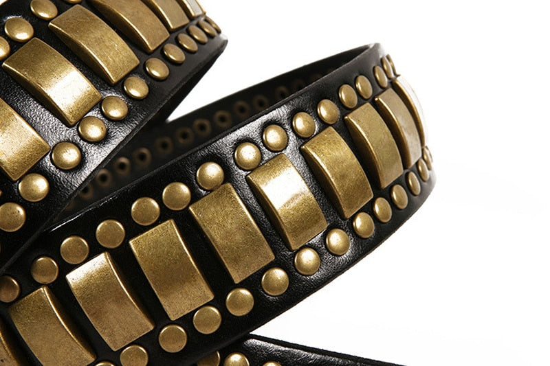 Decorative geometry pattern belt with rivets, perfect for alternative fashion outfits for men and women.