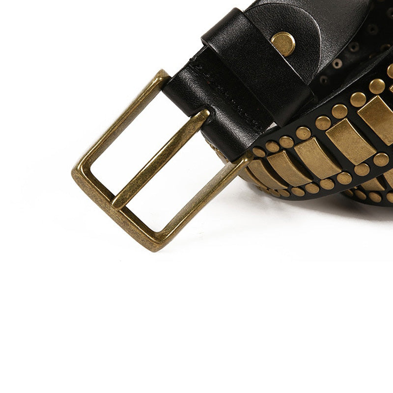 Close-up of a Riveted Geometry Pattern Belt showcasing decorative rivets and a stylish buckle for men and women.