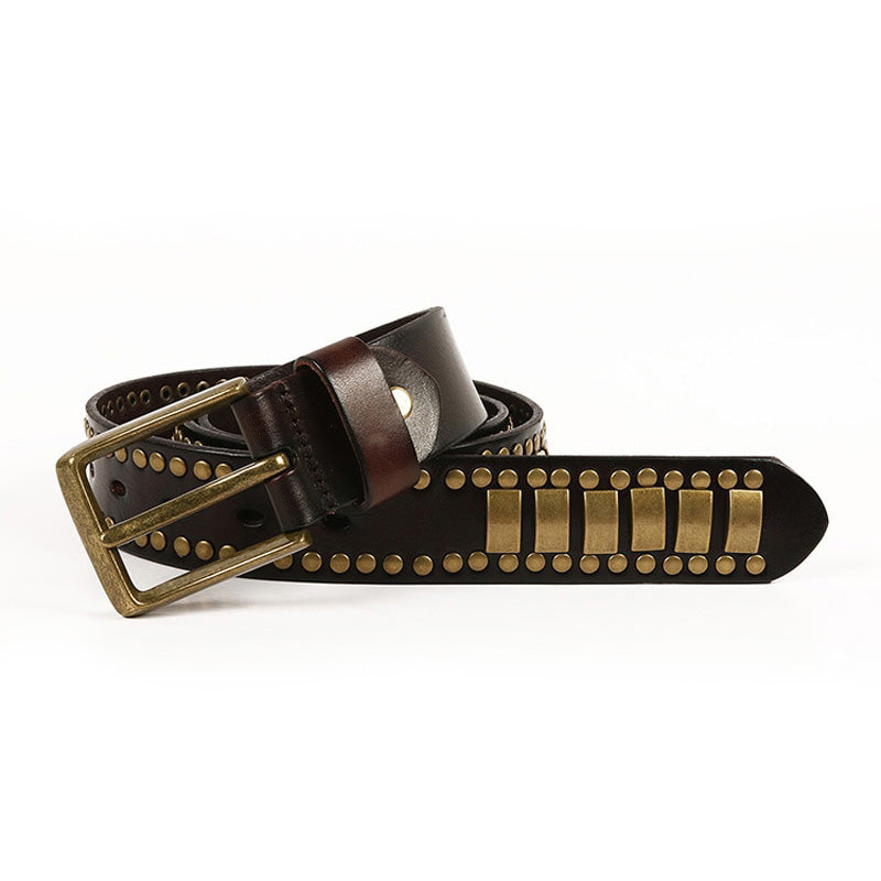 Stylish geometry pattern belt for men and women, featuring rivets and a classic buckle.