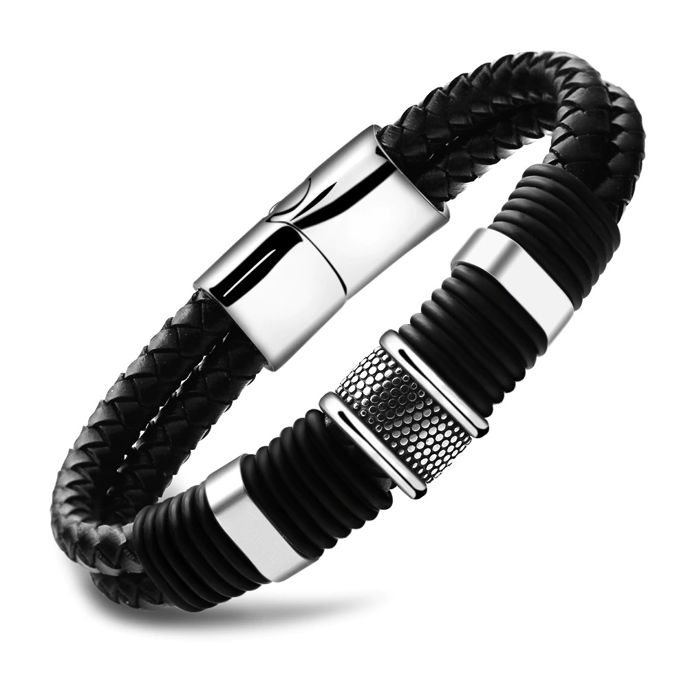 Rock Braid Leather Bracelet for men and women, featuring stainless steel and braided leather, stylish and casual accessory.