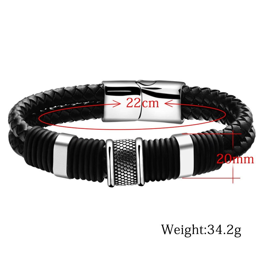 Rock Braid Leather Bracelet showcasing black leather and stainless steel toggle, perfect casual accessory for men and women.