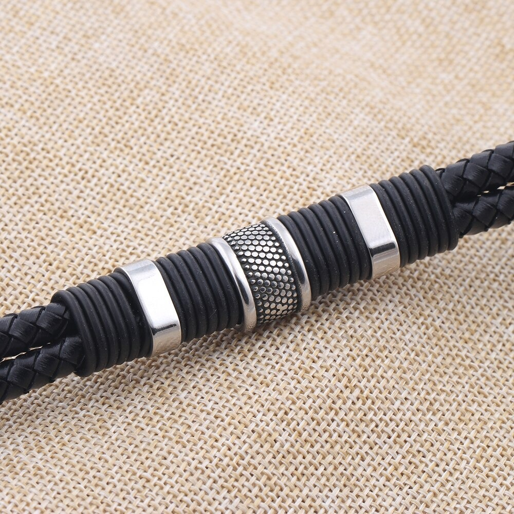 Rock Braid Leather Bracelet featuring stainless steel detailing and braided design for a vintage casual style accessory.