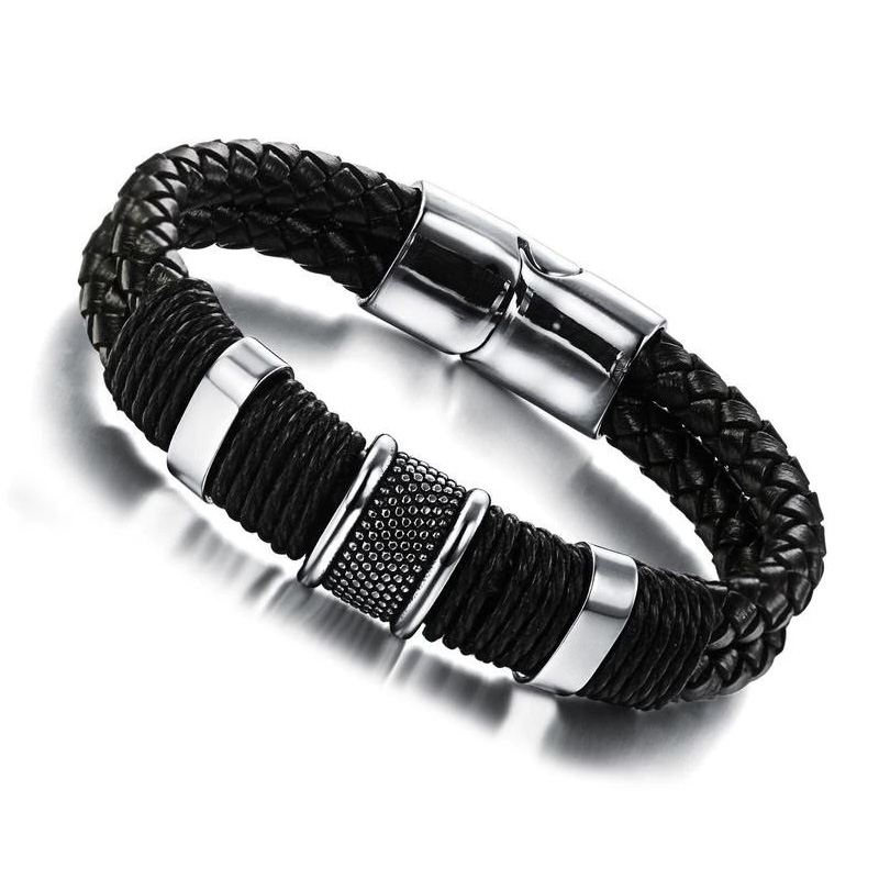 Rock Braid Leather Bracelet featuring stainless steel and leather with rope chain for a stylish casual look.