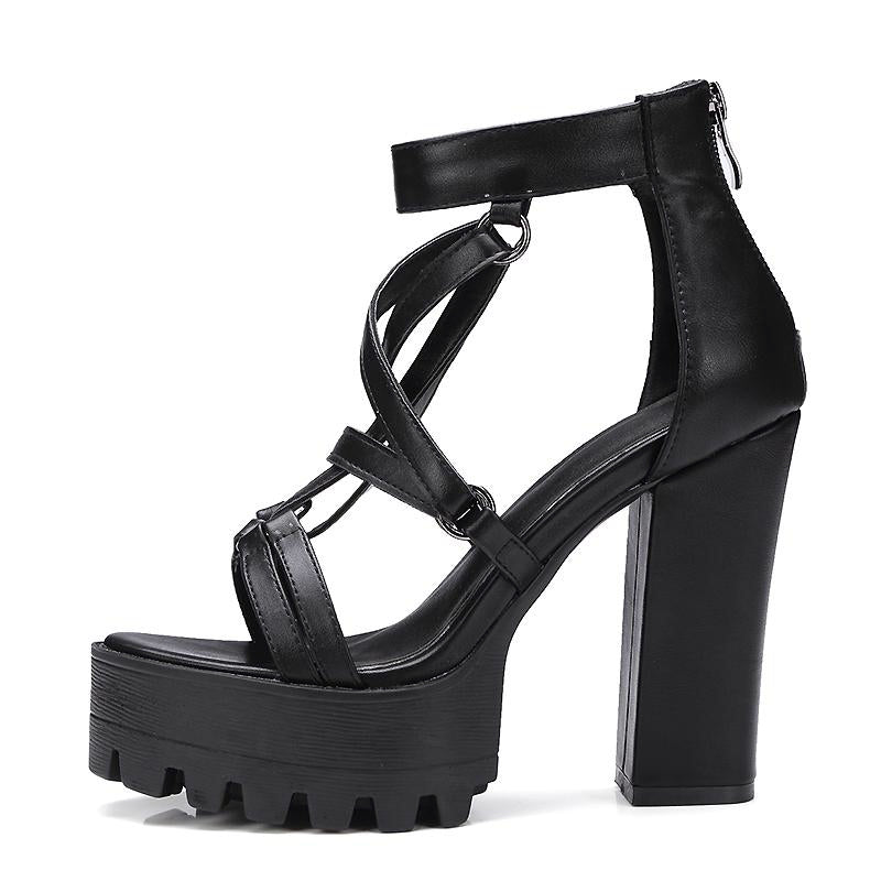 Rock Chick Woman Platform Sandals / Open Toe High Heels Pentagram Zipper Leather Ladies Goth Shoes - HARD'N'HEAVY