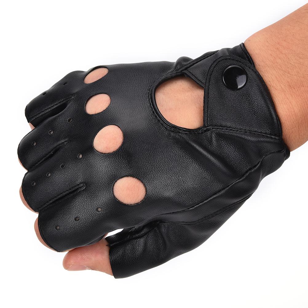 Close-up of unisex black PU leather fingerless gloves - trendy punk rock accessory for stylish outfits.