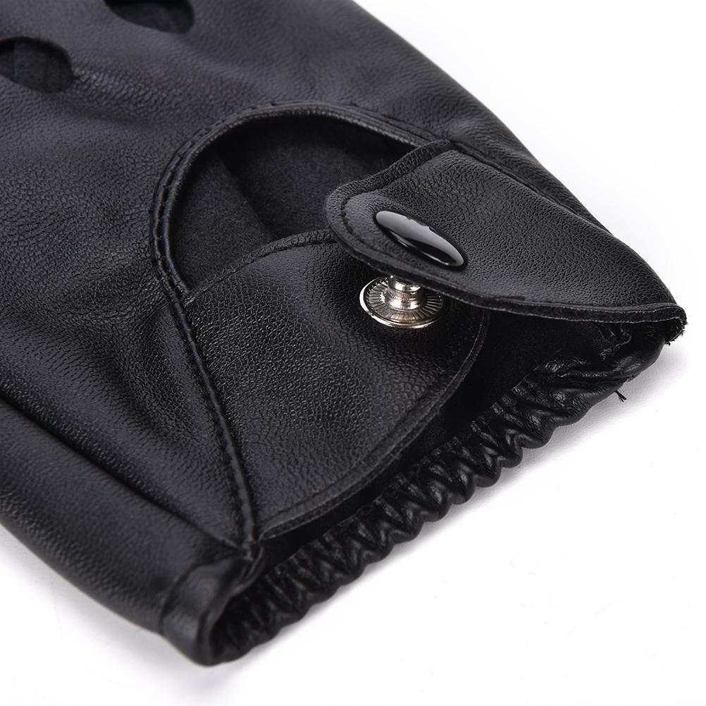 Close-up of unisex punk black PU leather fingerless gloves showcasing snap closure and stylish design.