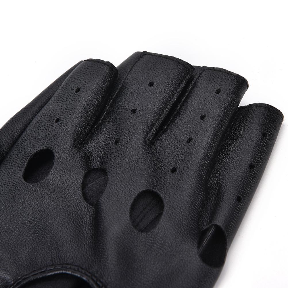 Close-up of unisex punk black PU leather fingerless gloves, showcasing stylish design and quality craftsmanship.
