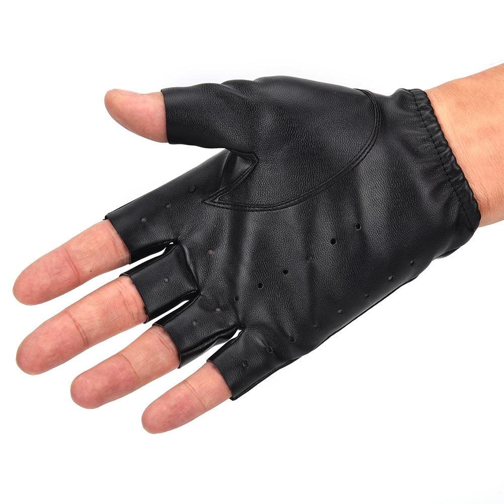 Unisex punk black PU leather fingerless gloves, perfect for rock fashion and edgy style, showcasing a hand in a stylish pose.