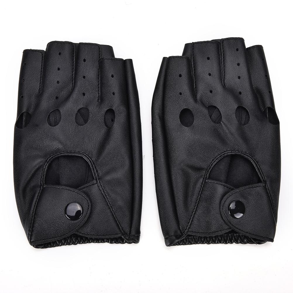 Unisex punk black PU leather fingerless gloves for rock fashion enthusiasts, featuring solid construction and comfort.