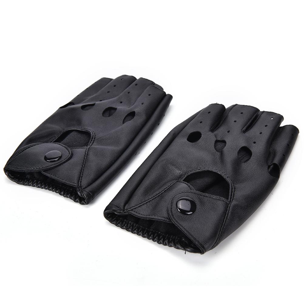 Unisex punk black PU leather fingerless gloves, perfect for rock fashion enthusiasts, solid and comfortable addition to any outfit.