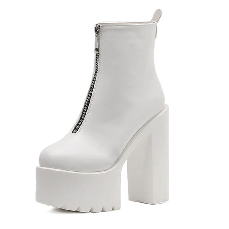 Rock Fashion Women Ankle Boots / Black and White High Heels Shoes with Round Toe - HARD'N'HEAVY