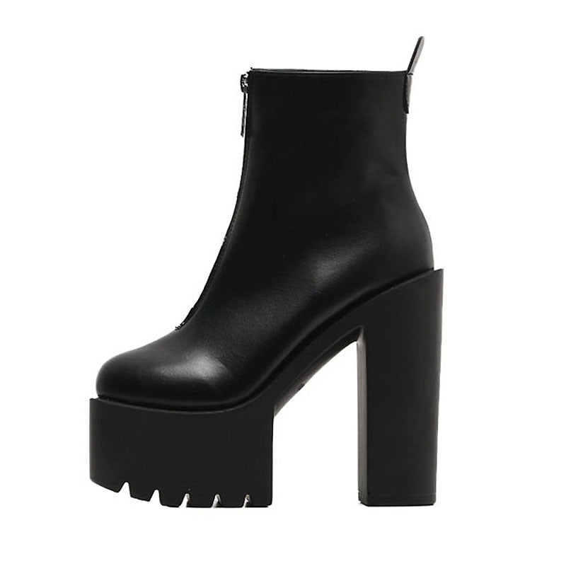 Rock Fashion Women Ankle Boots / Black and White High Heels Shoes with Round Toe - HARD'N'HEAVY