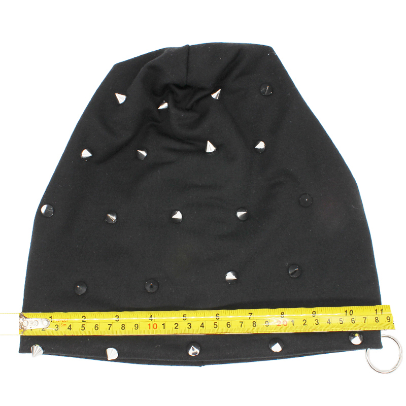 Unisex rock style spiked black hat with measuring tape, showcasing fashionable alternative fashion accessories.