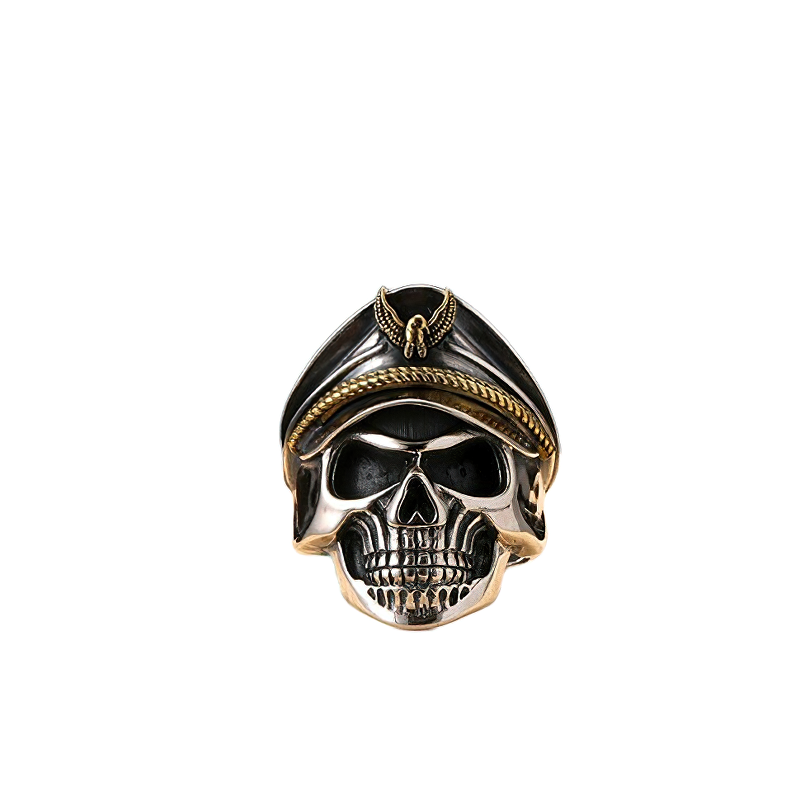 Rock style unisex ring featuring a pirate captain skull in 925 sterling silver with gold accents.