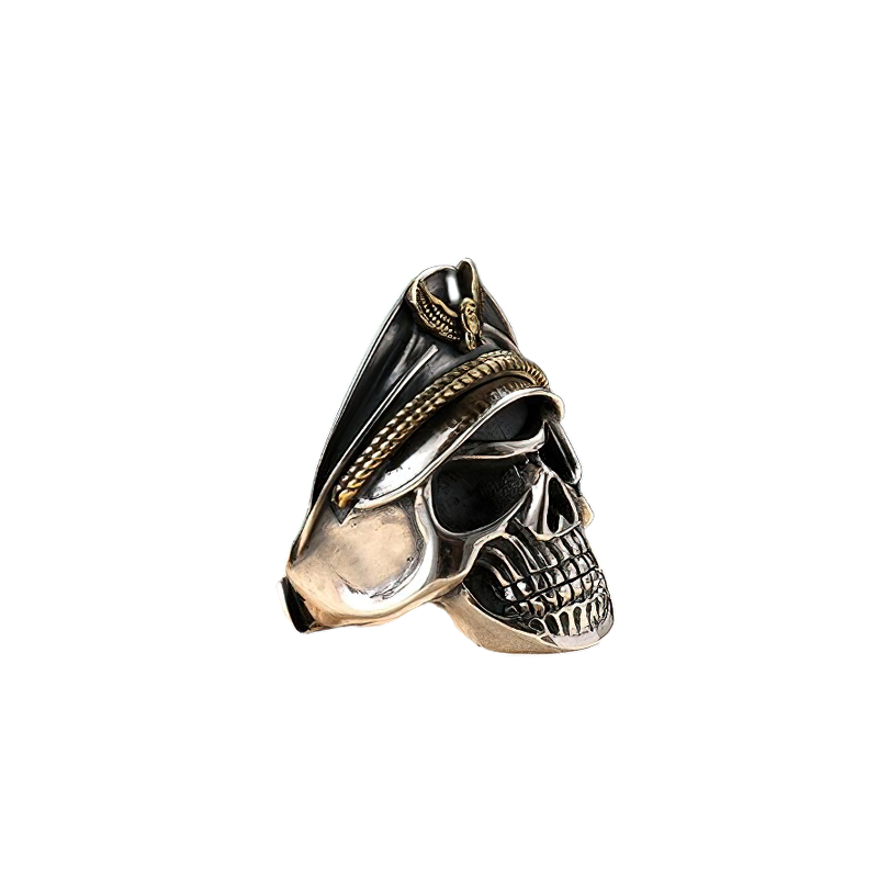 Rock style unisex adjustable ring featuring a detailed pirate captain skull in 925 sterling silver.
