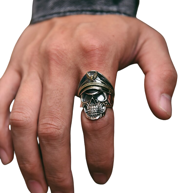 Unisex rock style adjustable ring featuring a pirate captain skull in 925 sterling silver on a hand.