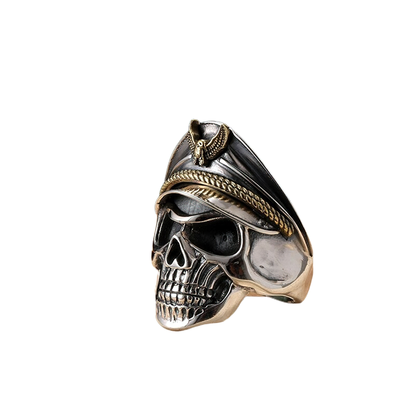 Rock style adjustable unisex silver ring featuring a pirate captain skull design.