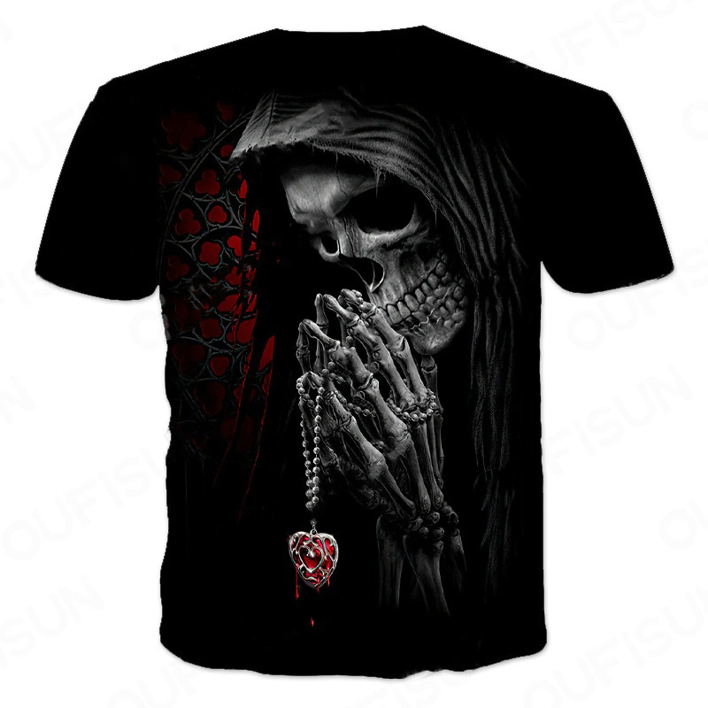 Men's short sleeve t-shirt featuring a detailed skull design with praying hands and a heart necklace.