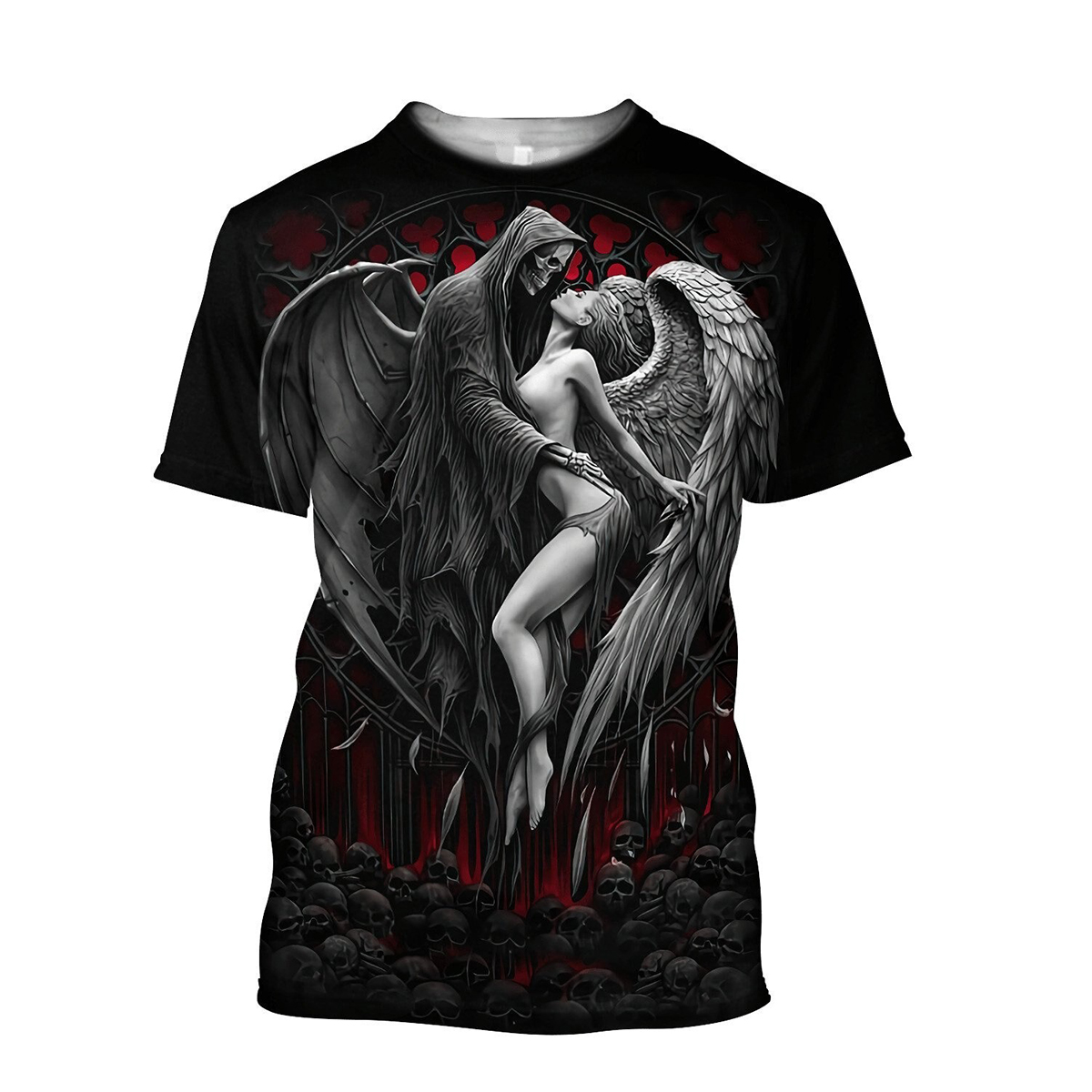 3D printed angel and demon t-shirt with skeletons, perfect rock-style men's fashion.