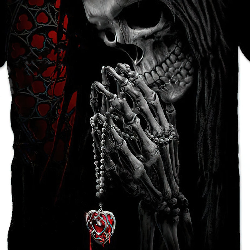 Stylish men's t-shirt featuring a skeleton with hands clasped, adorned with a heart pendant, perfect for rock lovers.