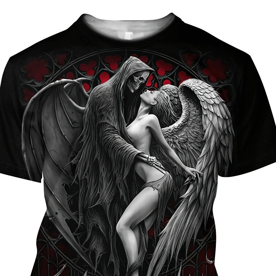 Stylish 3D printed rock t-shirt featuring a striking angel and demon design on a dark background.
